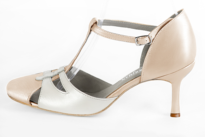 Gold and pure white women's T-strap open side shoes. Round toe. High slim heel. Profile view - Florence KOOIJMAN